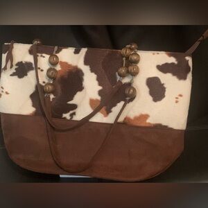 Braciano Cow Print Shoulder Bag with Brown Details
